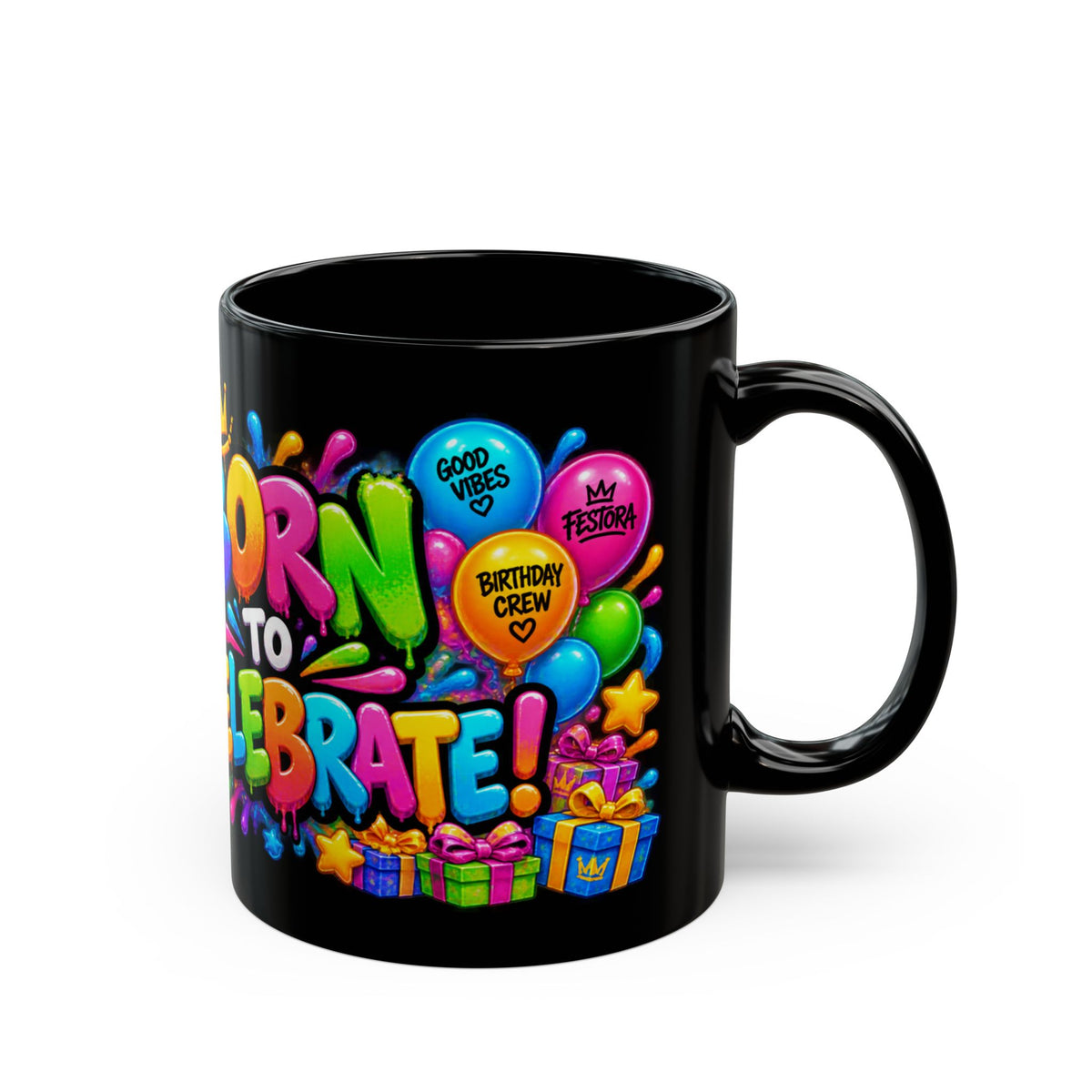 BORN TO CELEBRATE! Black Ceramic Mug – Cute Axolotl Birthday Coffee Cup – Colorful Party Gift – Original FestoraShop Design