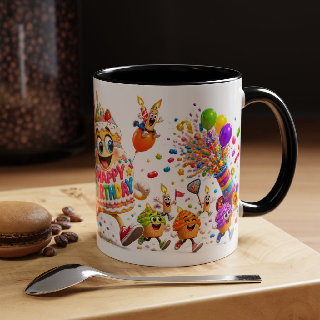 Birthday Party Coffee Mug – Colorful Happy Birthday Cake & Balloon Design (11/15oz Accent Mug)