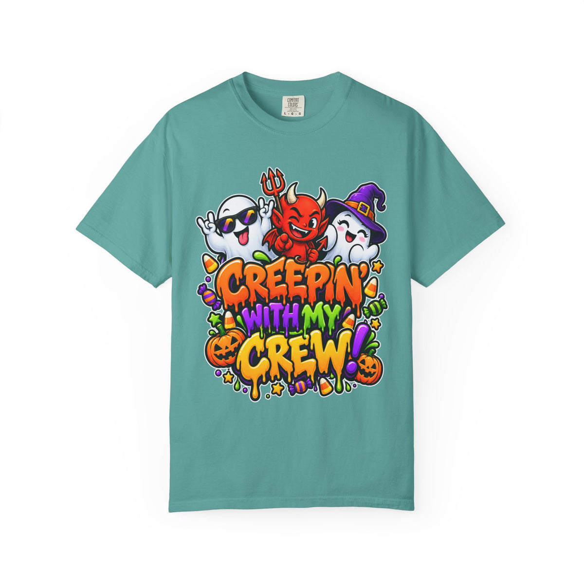Creepin’ With My Crew Halloween T-Shirt – Colorful Funny Ghost & Devil Graphic Tee