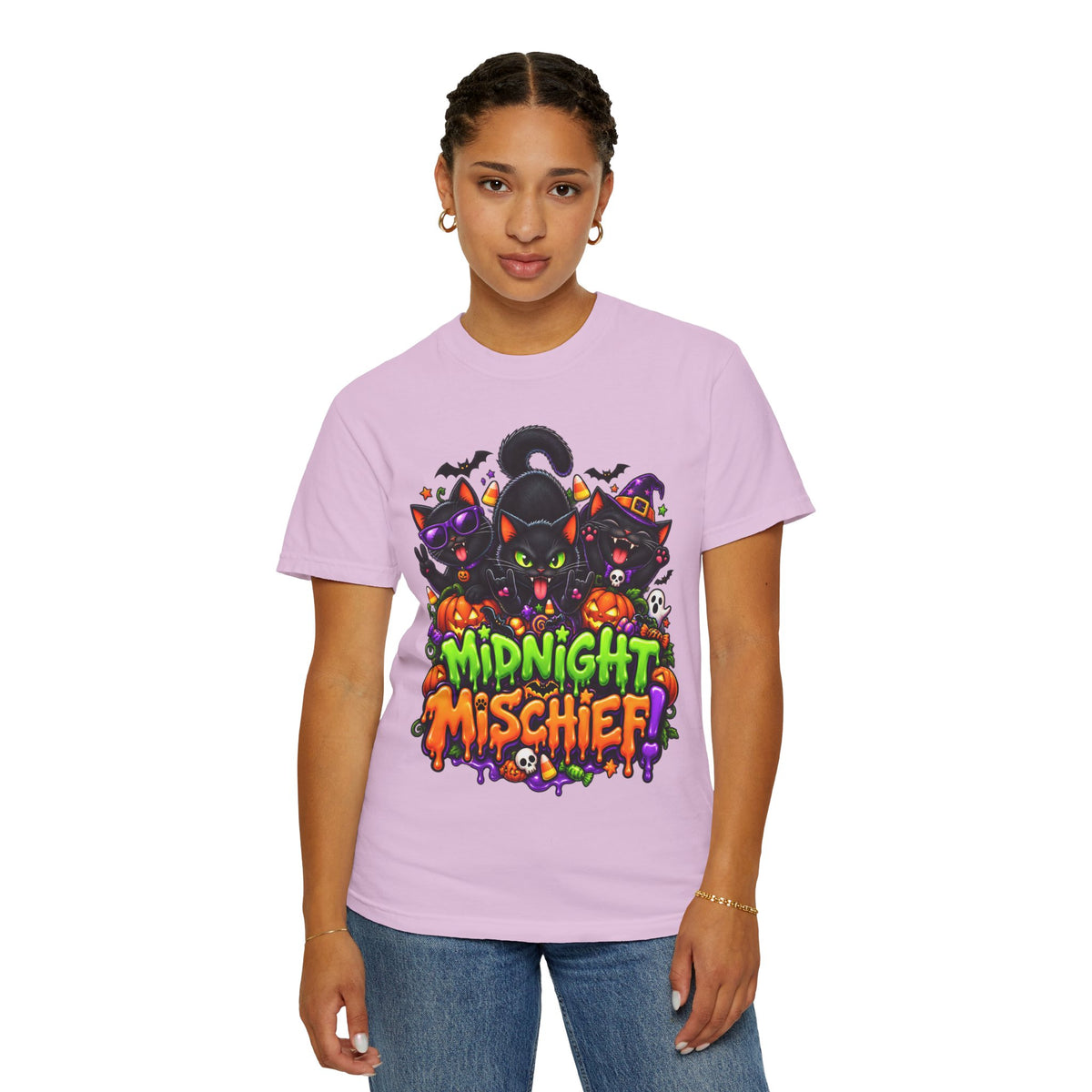Midnight Mischief Halloween T-Shirt – Funny Black Cat Graphic Tee