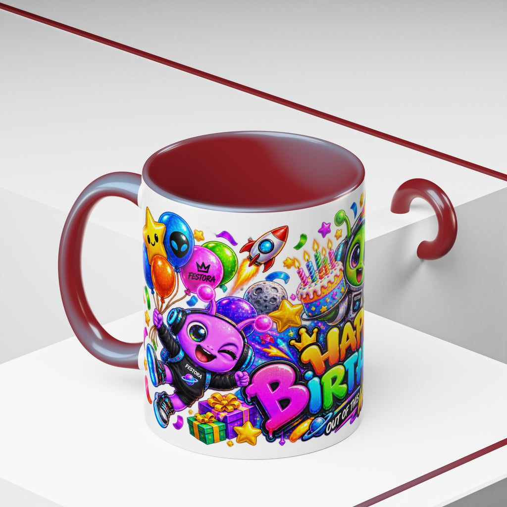 Happy Birthday Out of This World Accent Mug — Cute Alien Space Birthday Coffee Cup (11oz)