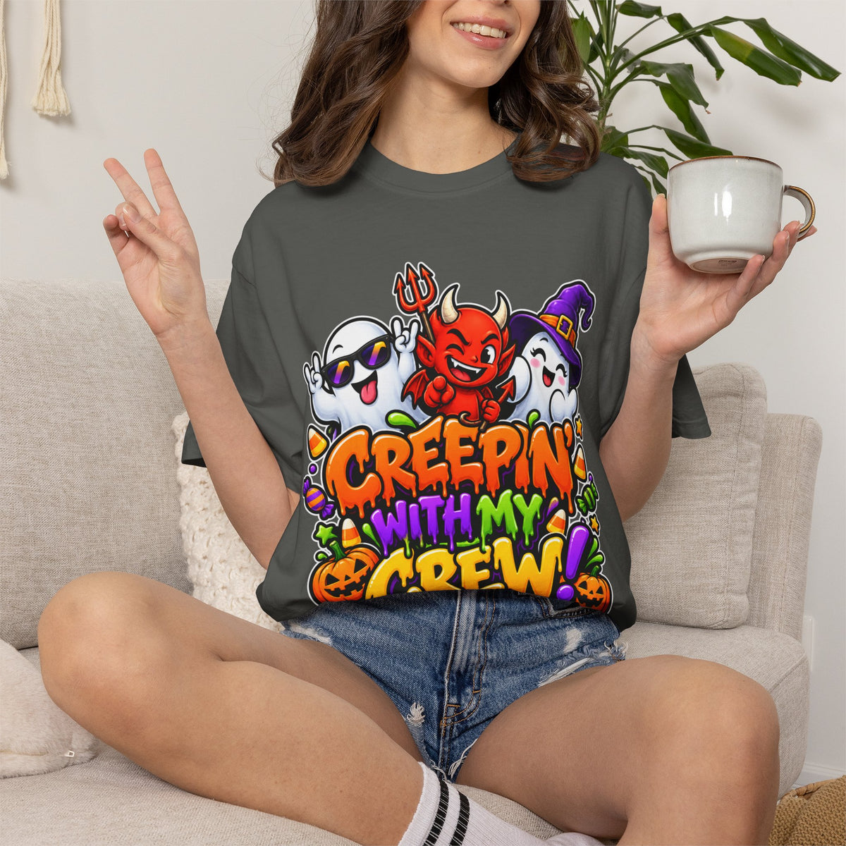 Creepin’ With My Crew Halloween T-Shirt – Colorful Funny Ghost & Devil Graphic Tee