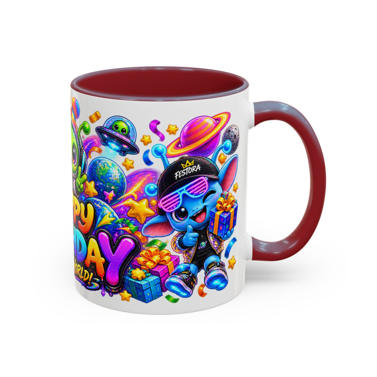 Happy Birthday Out of This World Accent Mug — Cute Alien Space Birthday Coffee Cup (11oz)