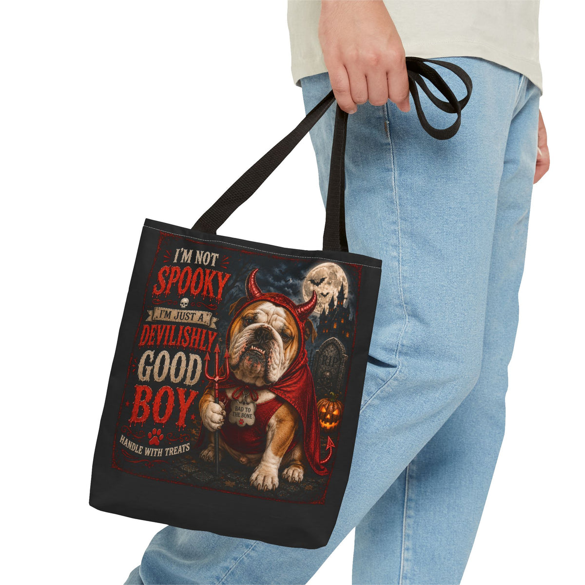 Halloween Bulldog Tote Bag — "I'm Not Spooky, I'm Just a Devilishly Good Boy"