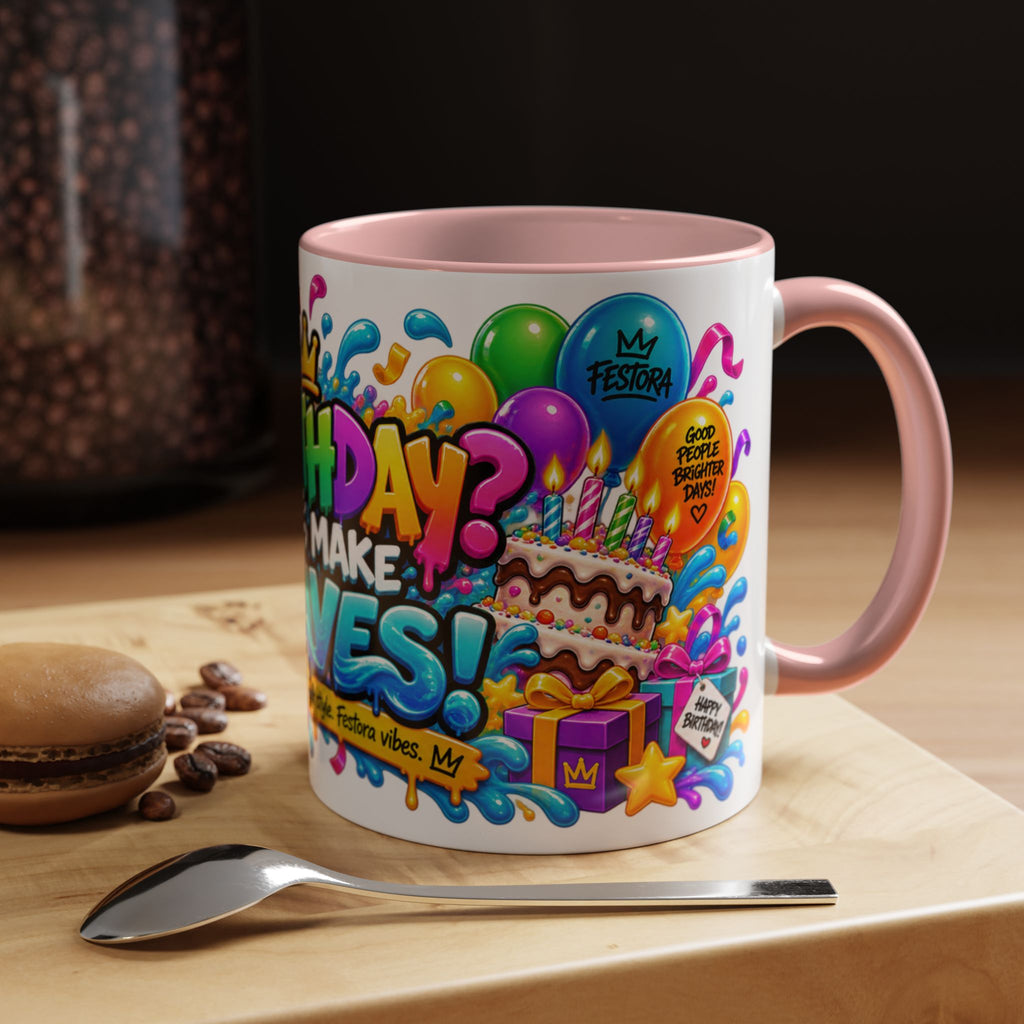 BIRTHDAY? LET’S MAKE WAVES! White Ceramic Mug – Funny Shark Birthday Coffee Cup – Original FestoraShop Design