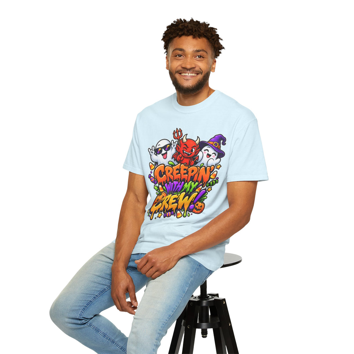 Creepin’ With My Crew Halloween T-Shirt – Colorful Funny Ghost & Devil Graphic Tee
