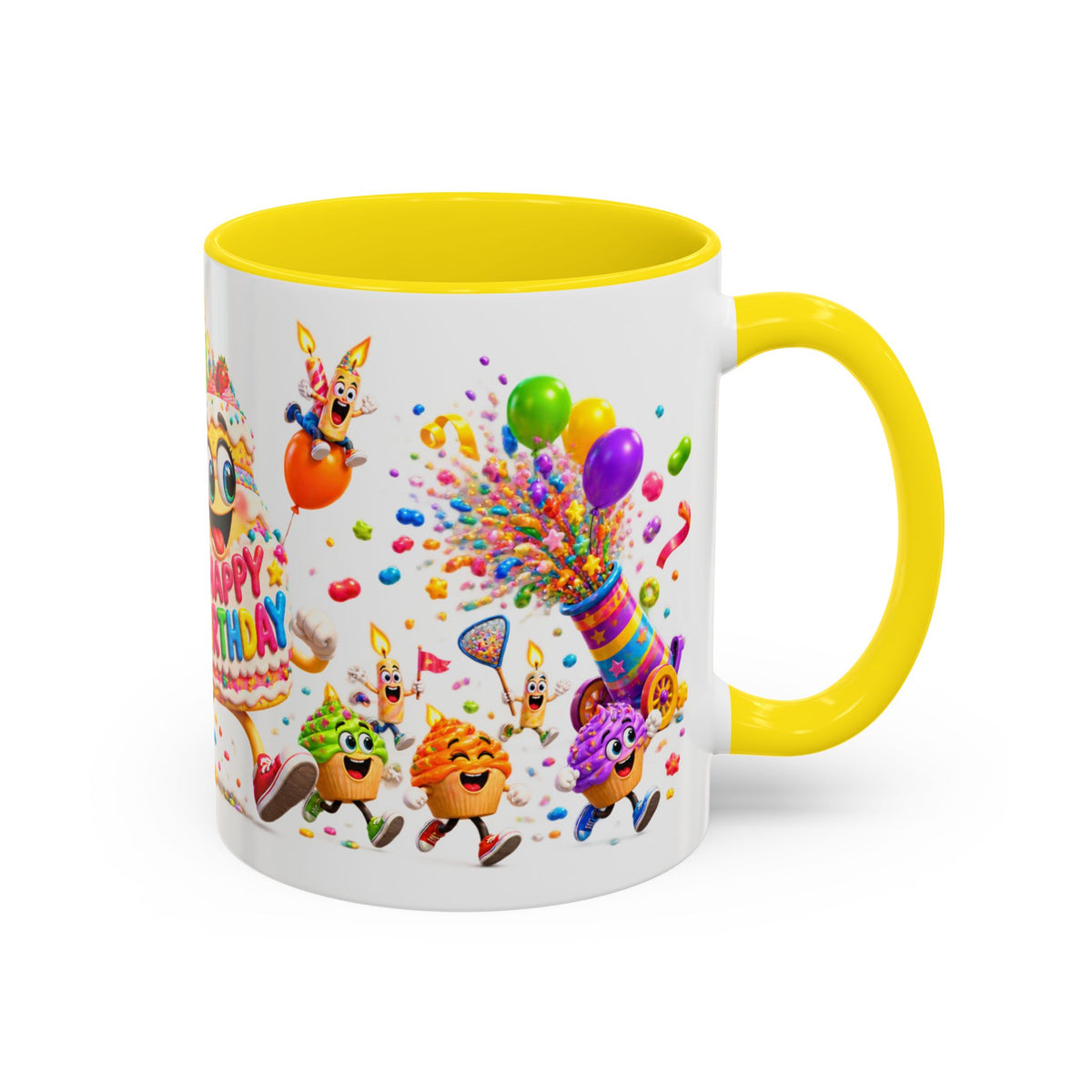 Birthday Party Coffee Mug – Colorful Happy Birthday Cake & Balloon Design (11/15oz Accent Mug)