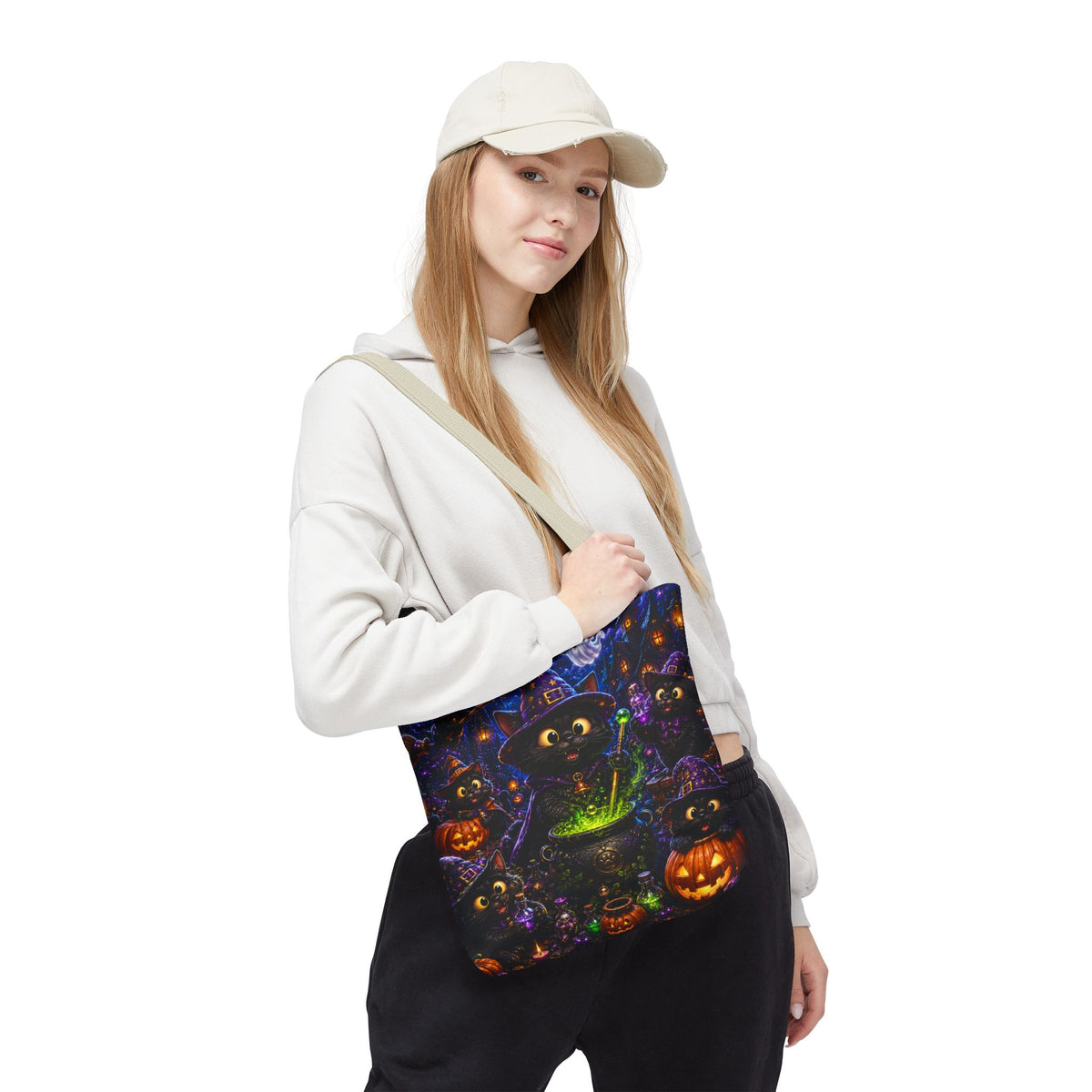 Halloween Black Cat Witches Tote Bag — Cute 3D Cats, Cauldron & Pumpkins Design