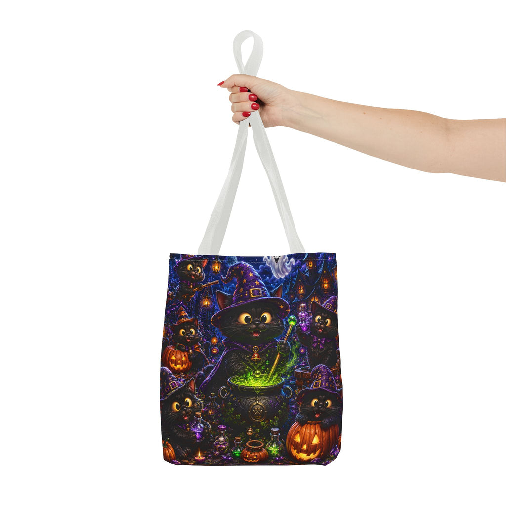 Halloween Black Cat Witches Tote Bag — Cute 3D Cats, Cauldron & Pumpkins Design