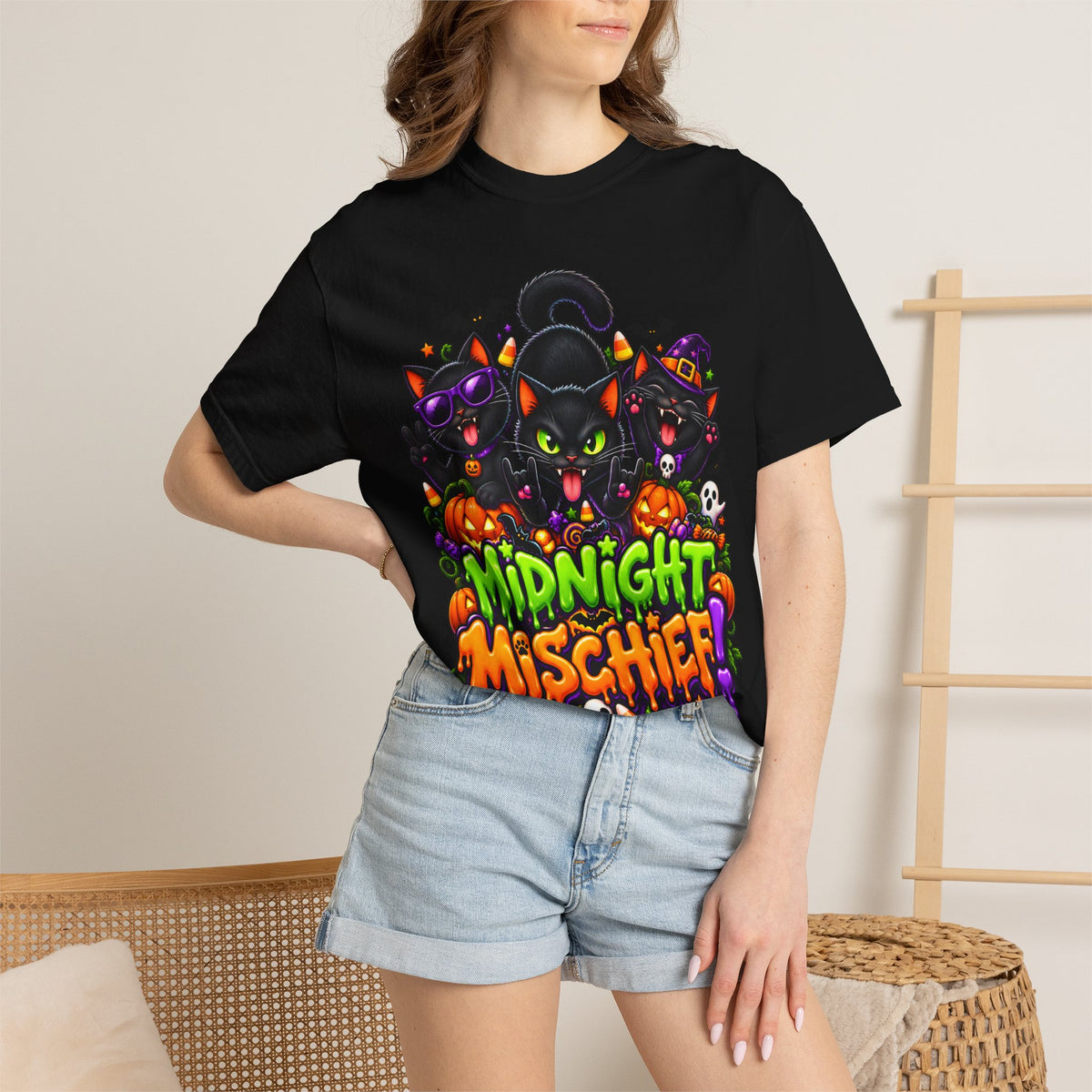 Midnight Mischief Halloween T-Shirt – Funny Black Cat Graphic Tee