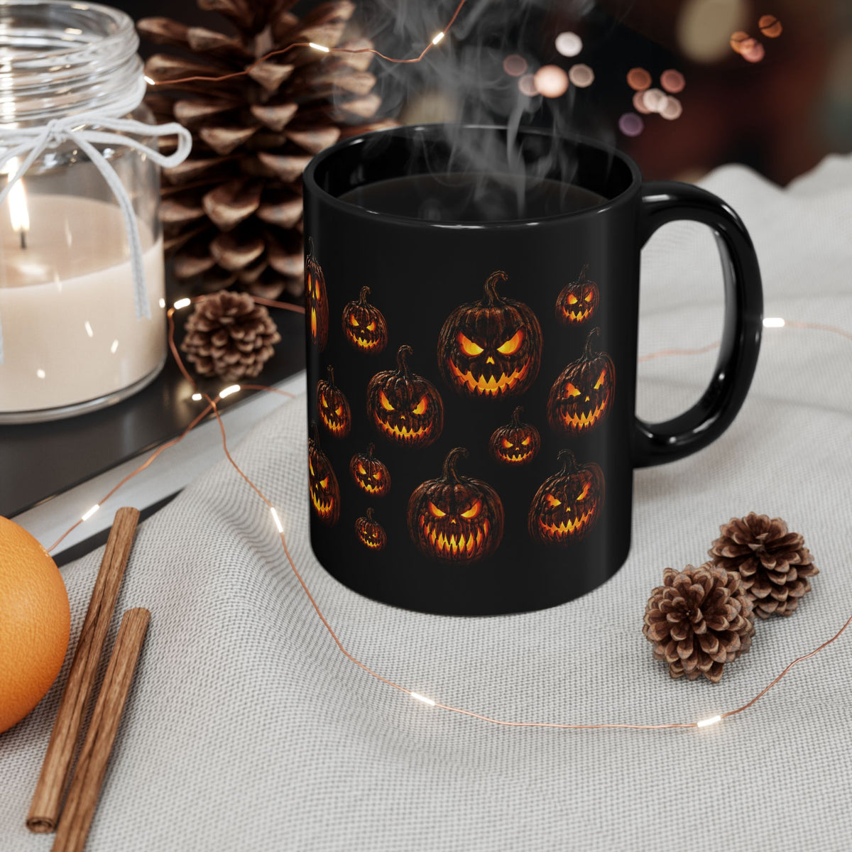 Glowing Evil Jack-O'-Lantern Black Mug - Halloween Pumpkin Wraparound Design (11oz, 15oz)