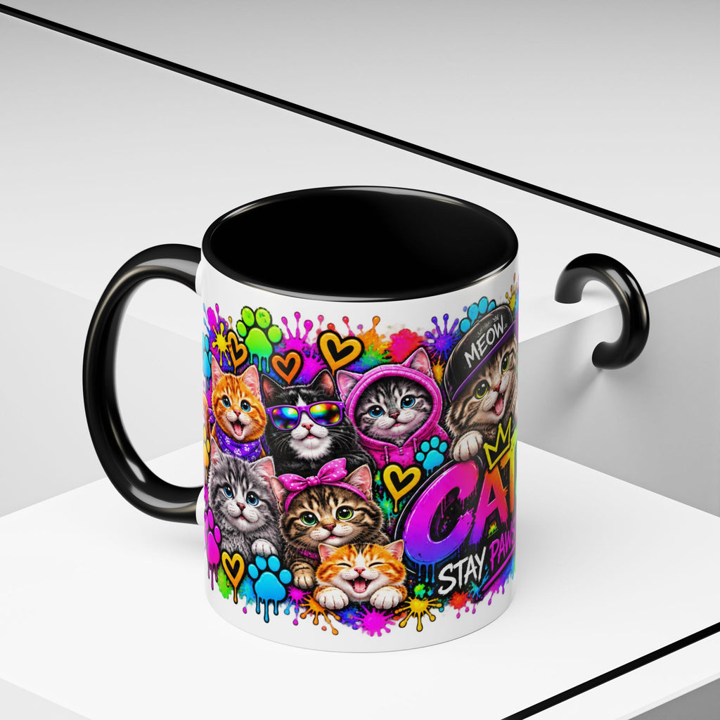 Cats Stay Pawsitive Accent Coffee Mug – Colorful Cute Cat Paw Print Design (11oz)
