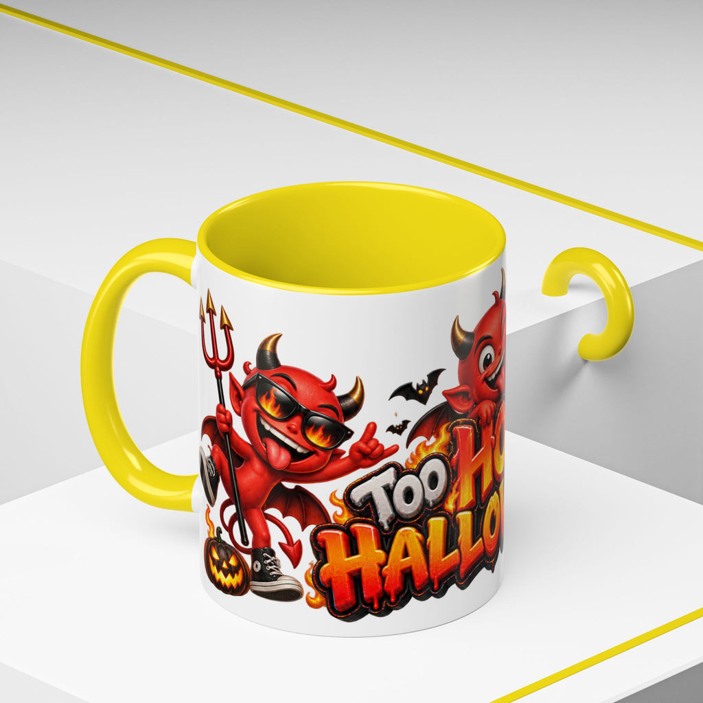 Too Hot for Halloween White Mug – Funny Devils, Flames & Spooky Design