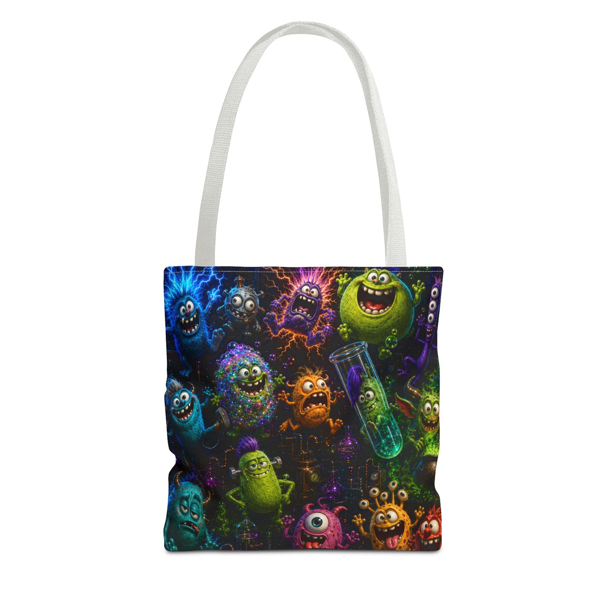 Mad Scientist Monsters Tote Bag – Colorful Laboratory Creature All-Over Print