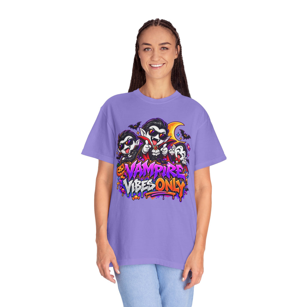 Neon Vampire Vibes Halloween Unisex Garment-Dyed T-Shirt Featuring a Cool Festora Vampire Crew