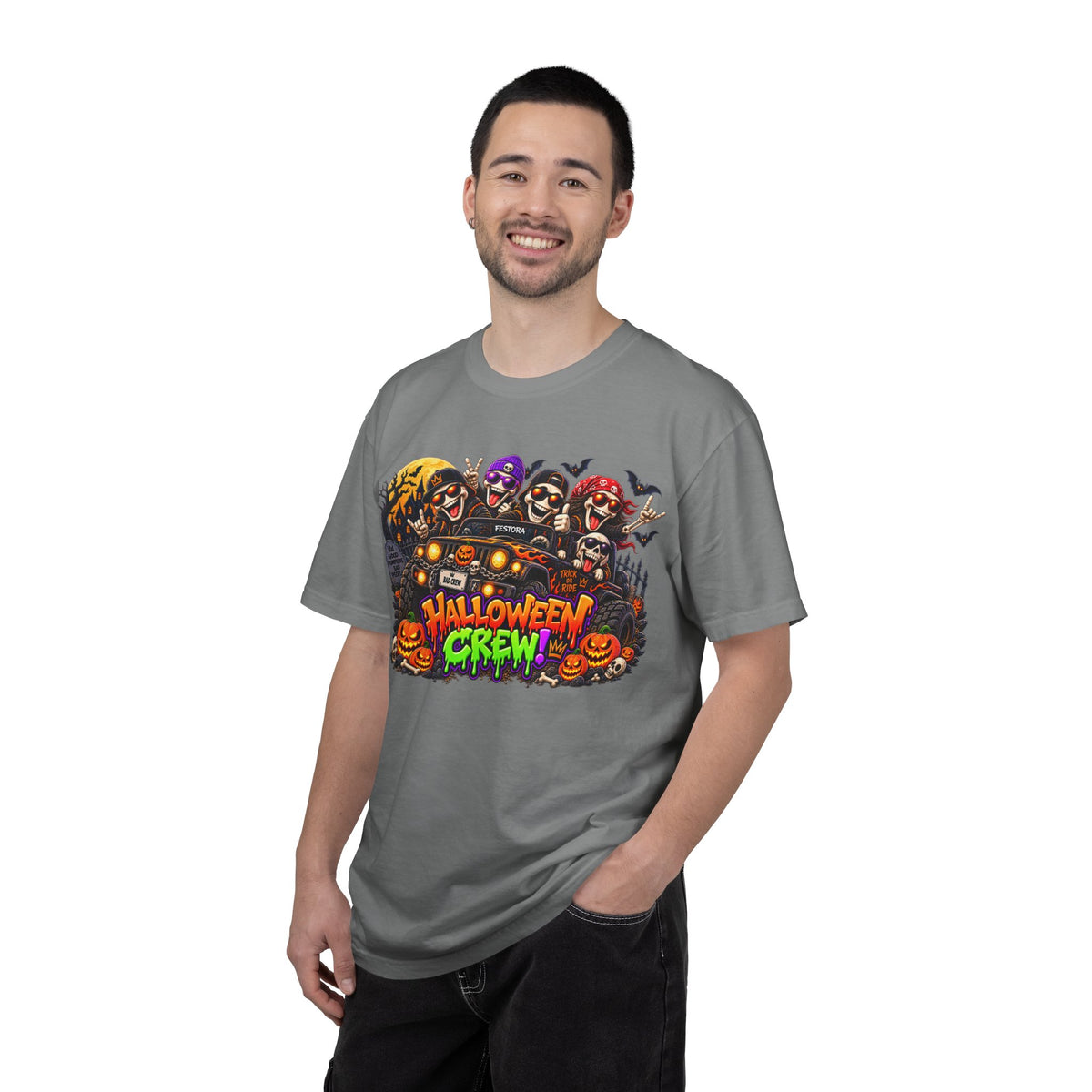 Halloween Crew T-Shirt – Skeleton Jeep Spooky Graphic Tee