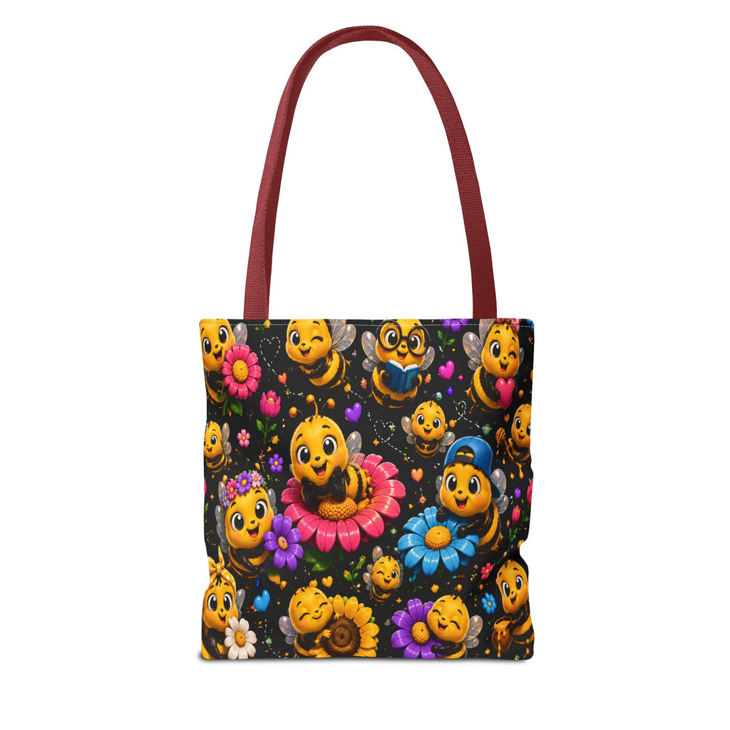 Cute Bee Pattern Tote Bag — Colorful Floral Cartoon Bees All-Over Print