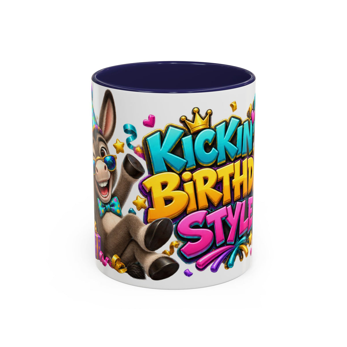 Kickin’ It Birthday Style Donkey White Mug – Funny Happy Birthday Party Cup, Cute Colorful Gift