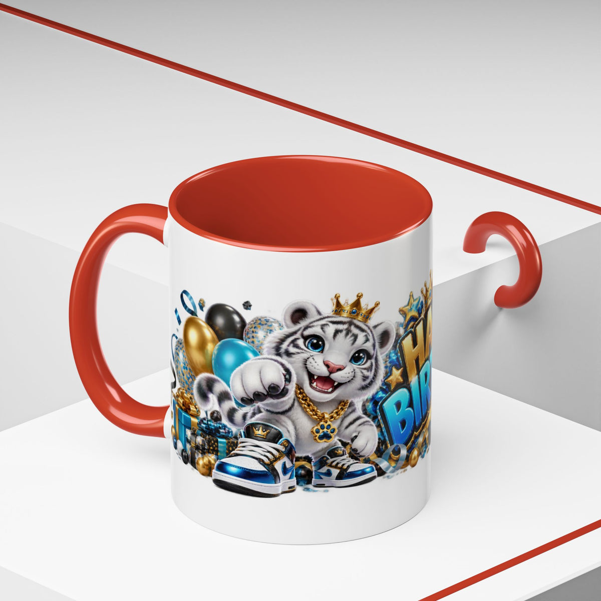 Happy Birthday White Tiger Mug – Colorful 3D Birthday Gift – White Coffee Mug