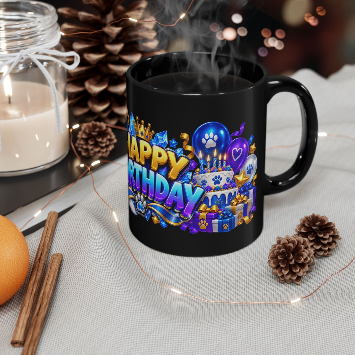 White Wolf Happy Birthday Mug – Blue Purple & Gold Birthday Design – FestoraShop Black Coffee Mug