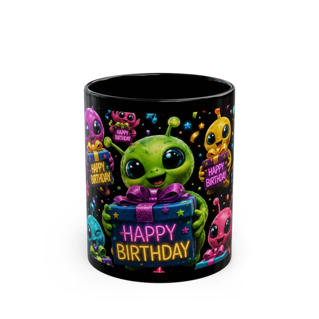 Happy Birthday Alien Mug — Cute Colorful Black Birthday Coffee Cup