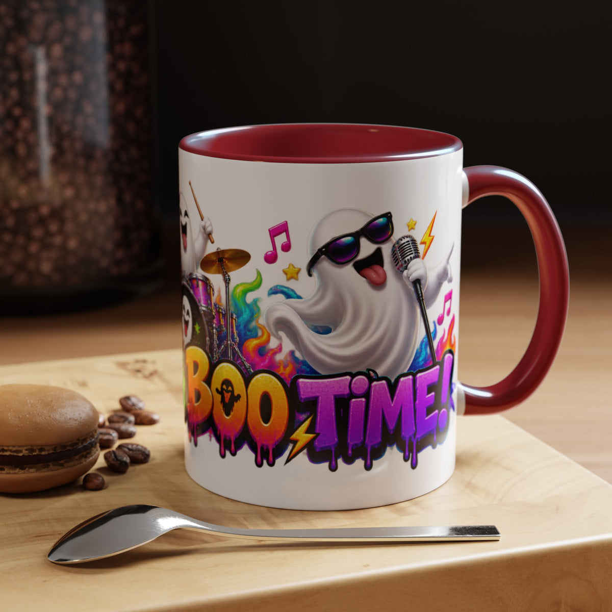 Here for a Boo Time Halloween Ghost Rock Band White Mug