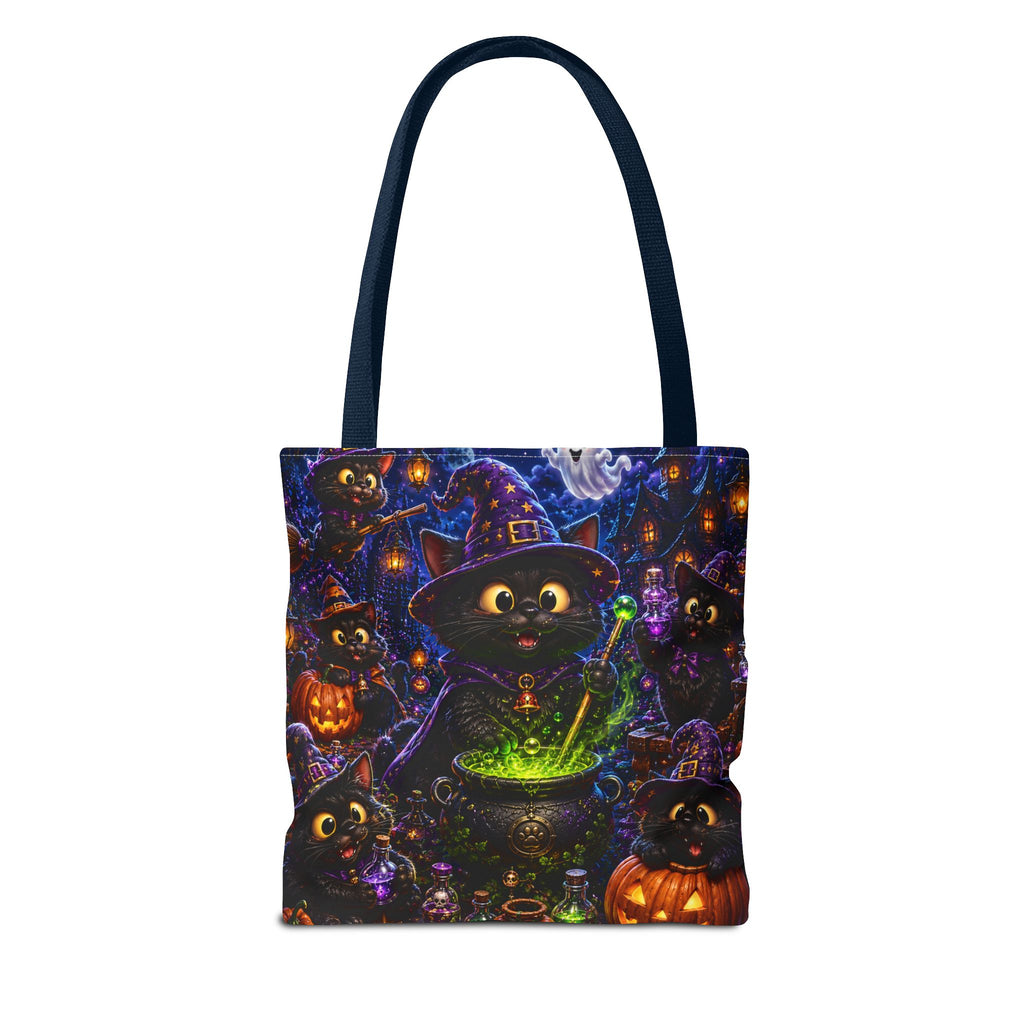 Halloween Black Cat Witches Tote Bag — Cute 3D Cats, Cauldron & Pumpkins Design