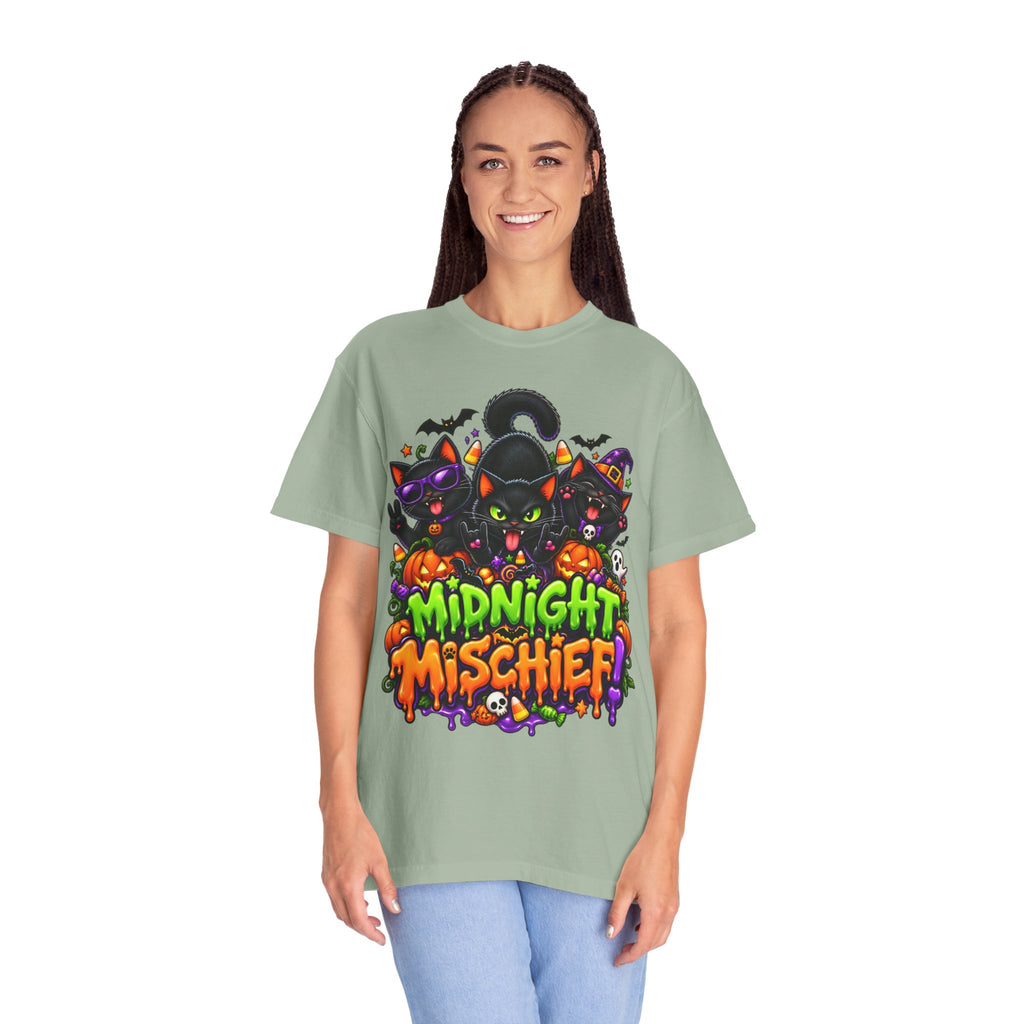 Midnight Mischief Halloween T-Shirt – Funny Black Cat Graphic Tee