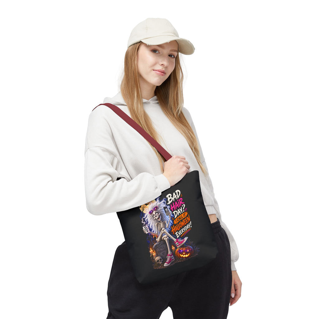 Halloween Skeleton Tote Bag — "Bad Hair Day? I Call It Halloween Everyday" Graphic