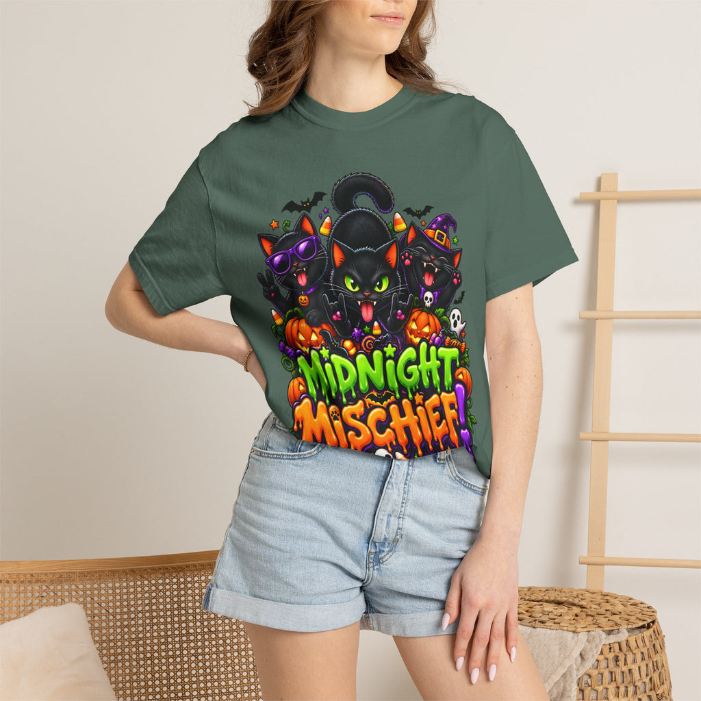 Midnight Mischief Halloween T-Shirt – Funny Black Cat Graphic Tee