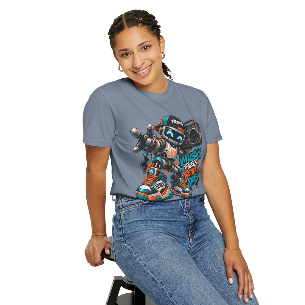 Music Fuels Better Days T-Shirt — Retro Robot Boombox Streetwear