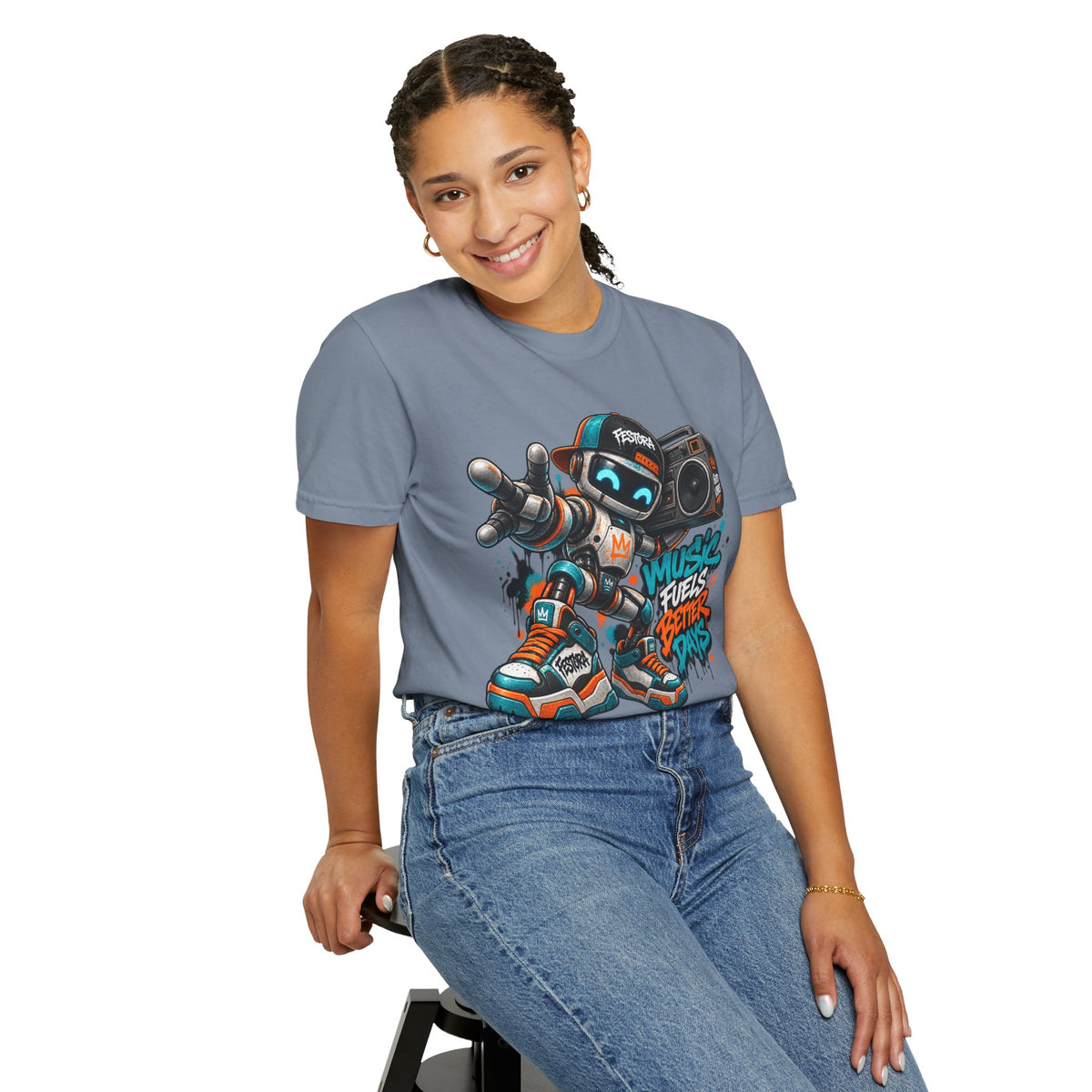 Music Fuels Better Days T-Shirt — Retro Robot Boombox Streetwear