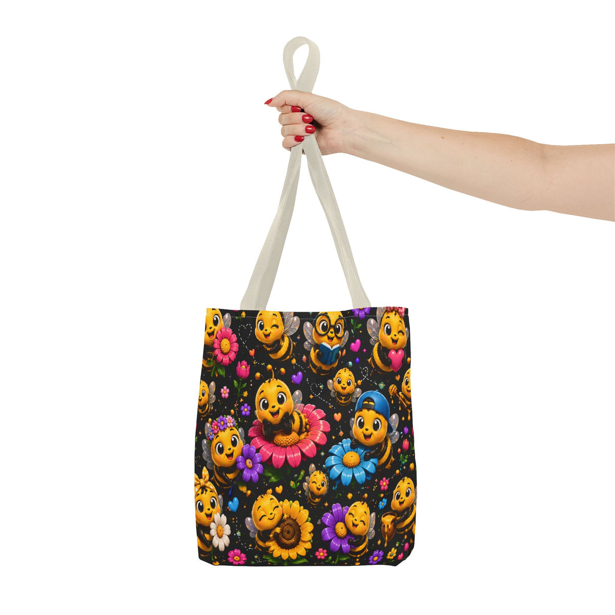 Cute Bee Pattern Tote Bag — Colorful Floral Cartoon Bees All-Over Print
