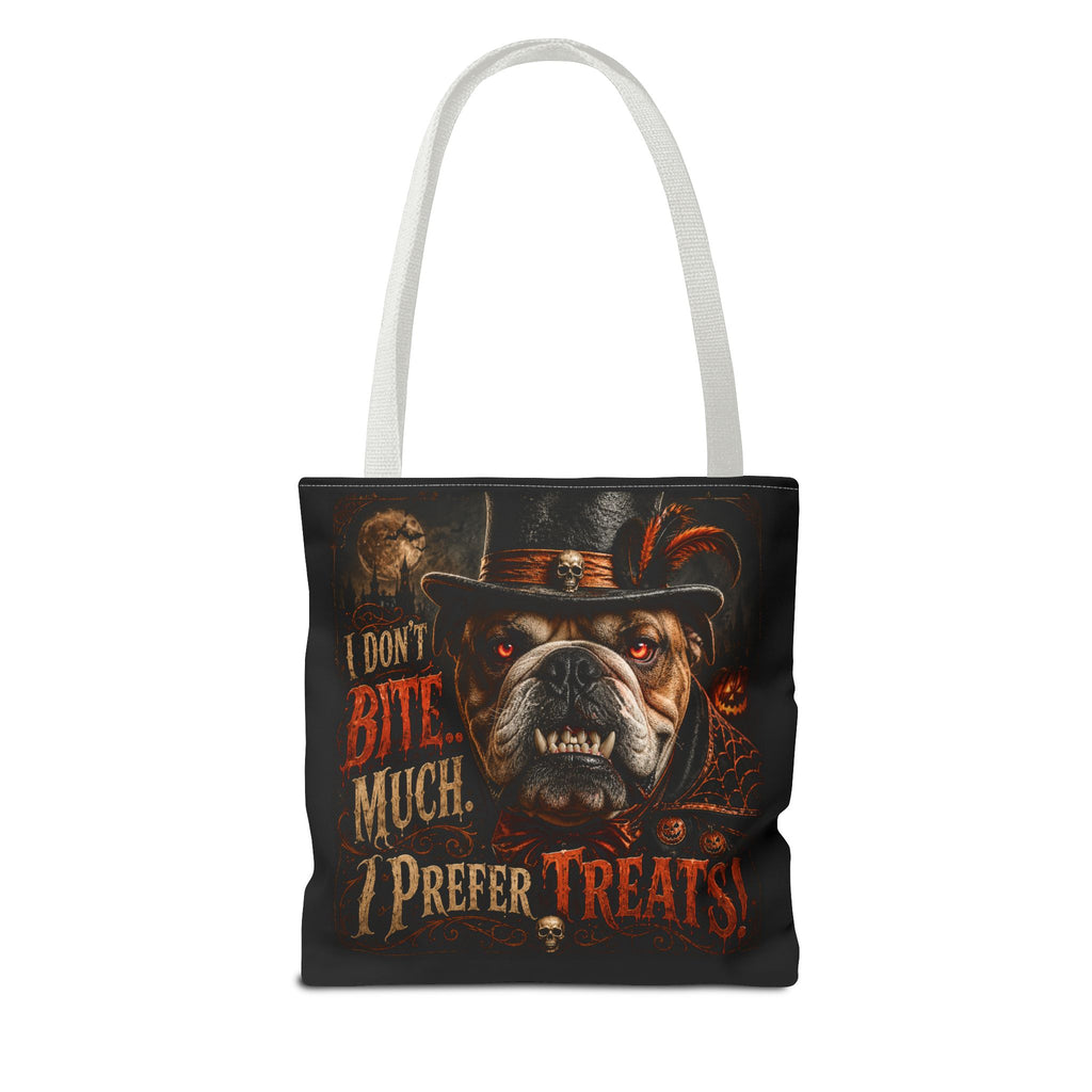 Halloween Bulldog Tote Bag — "I Don't Bite Much, I Prefer Treats" Candy‑Lovers Reusable Bag