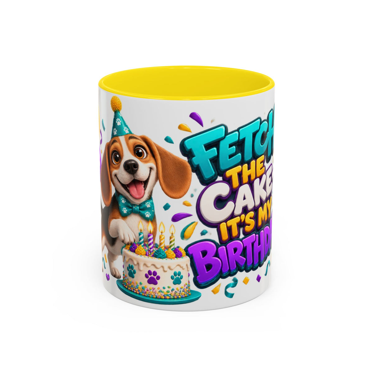 Beagle Birthday Mug – Fetch the Cake White Ceramic Coffee Cup