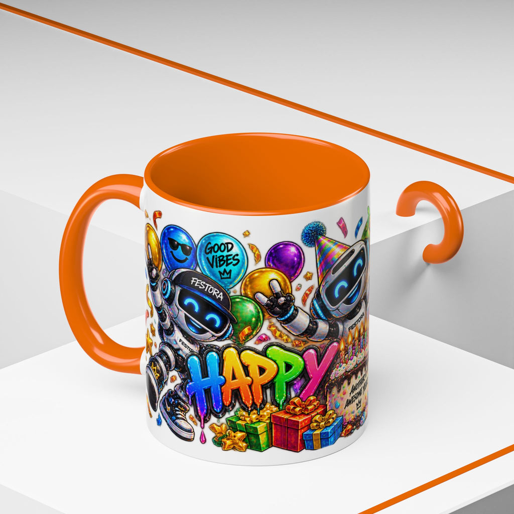 Birthday Robot Coffee Mug — Colorful Happy Birthday Accent Mug (11oz)