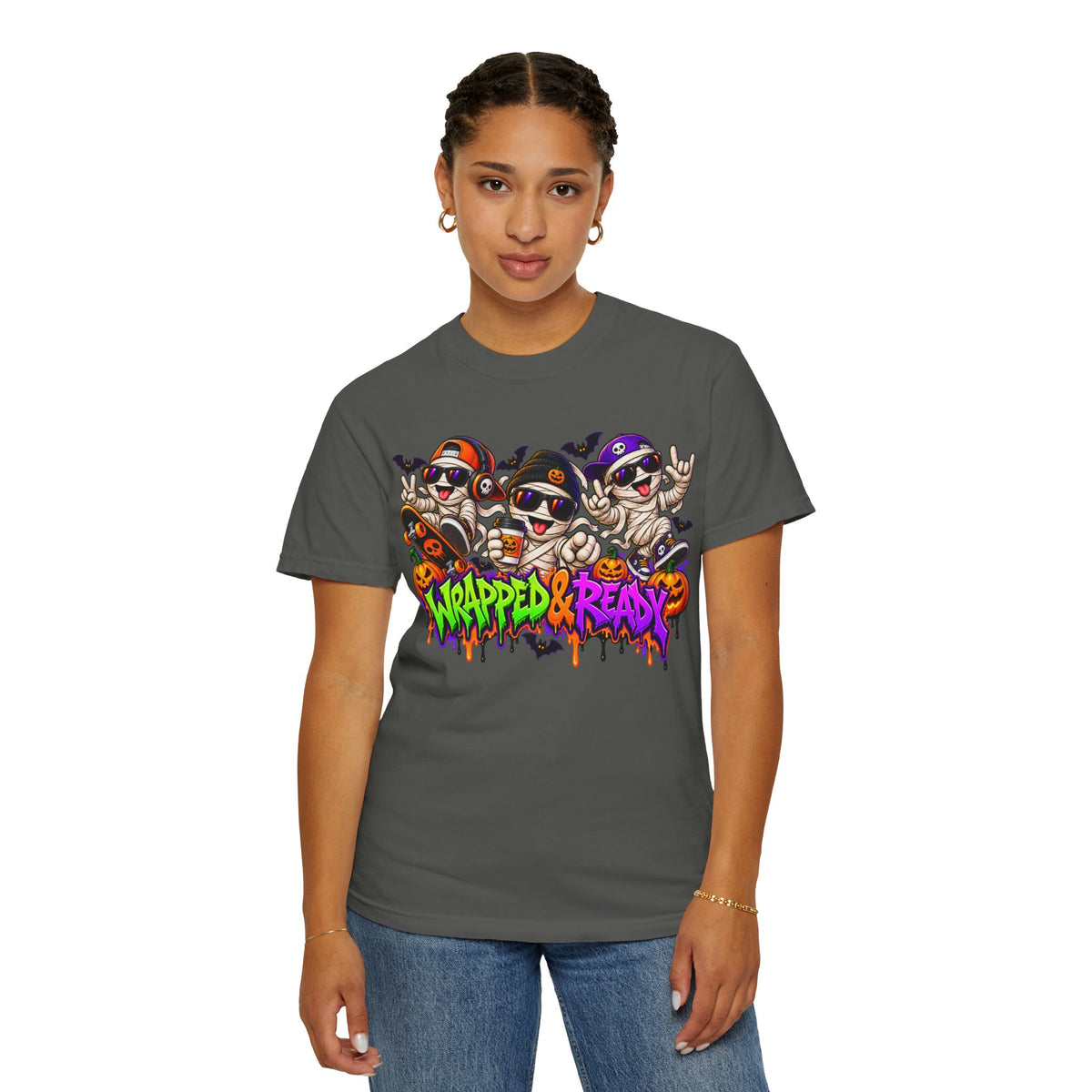 Wrapped & Ready – Halloween Mummy Crew Graphic T-Shirt