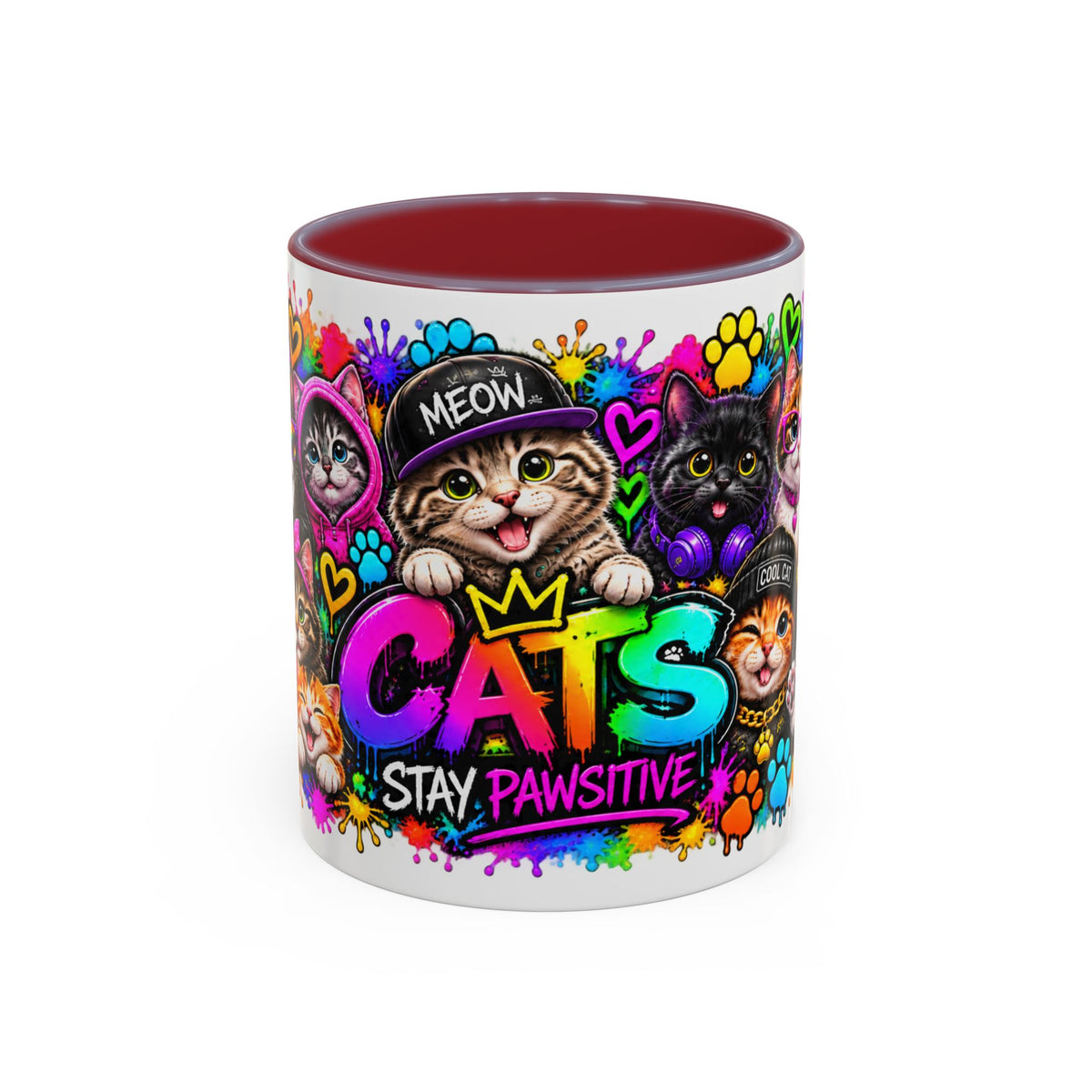 Cats Stay Pawsitive Accent Coffee Mug – Colorful Cute Cat Paw Print Design (11oz)
