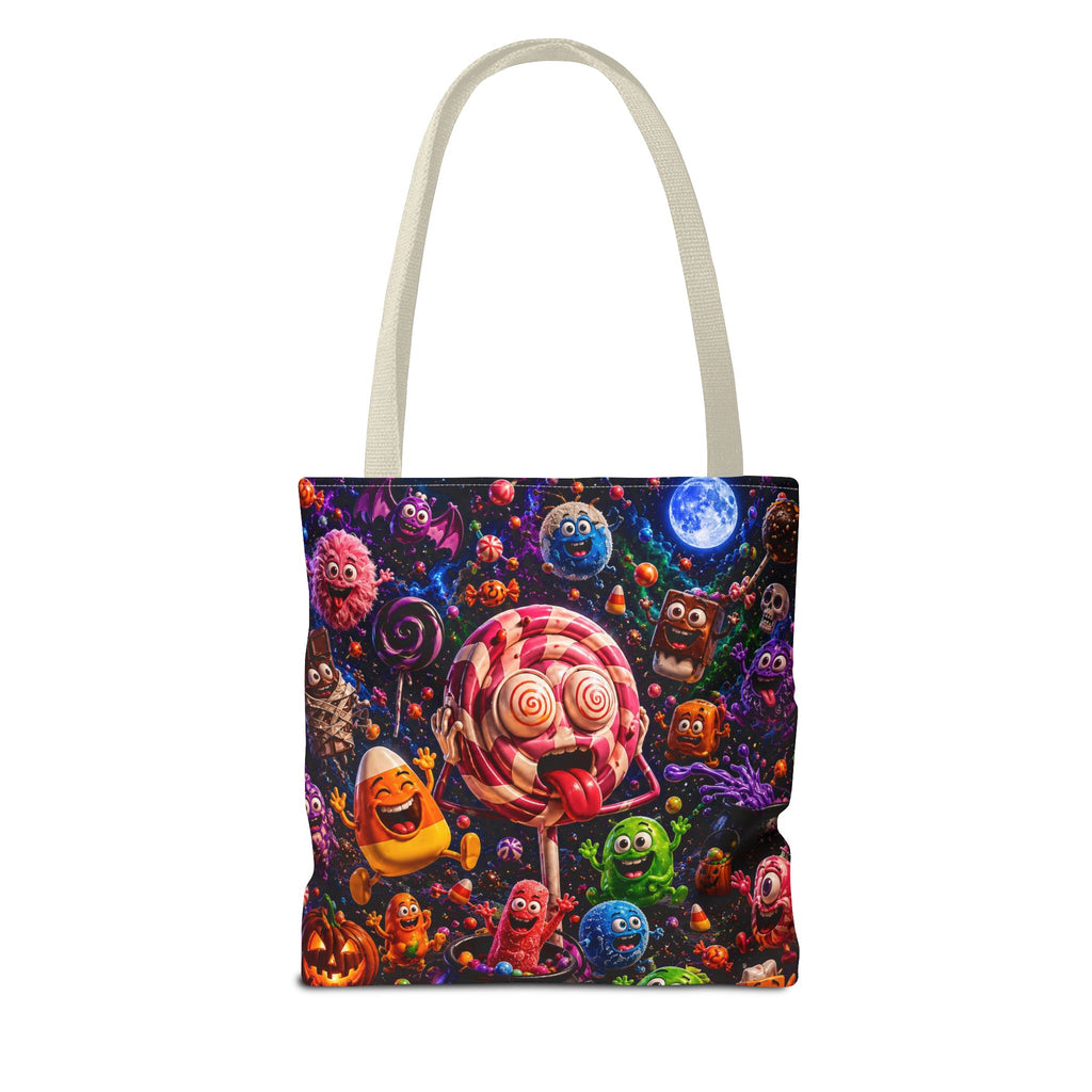Crazy Halloween Candy Monsters Tote Bag — Colorful 3D Lolipop & Treats Design