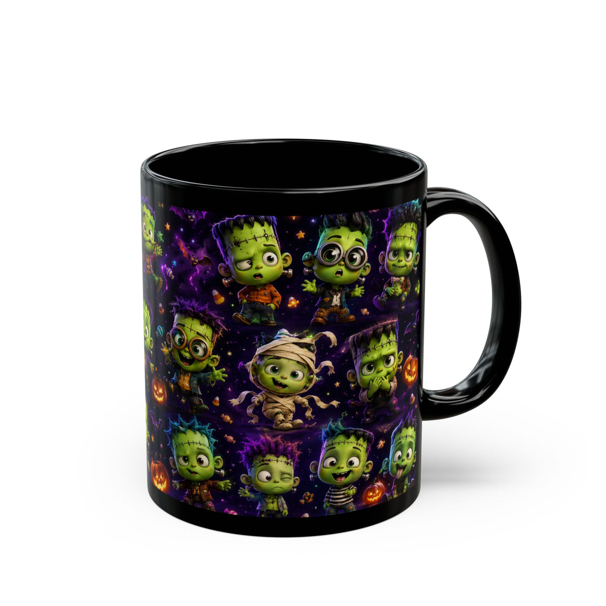 Cute Frankenstein Halloween Mug — Black Ceramic Coffee Cup with Cartoon Monsters & Pumpkins (11oz/15oz)