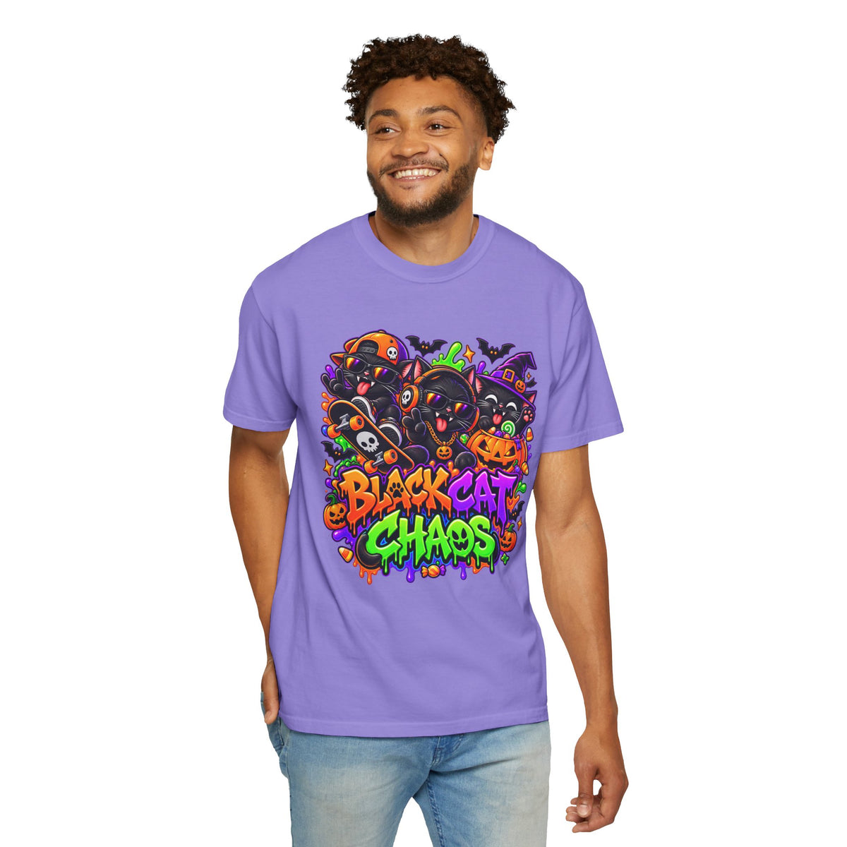Neon Black Cat Halloween Chaos T-Shirt | Cute Spooky Cat Graphic Tee