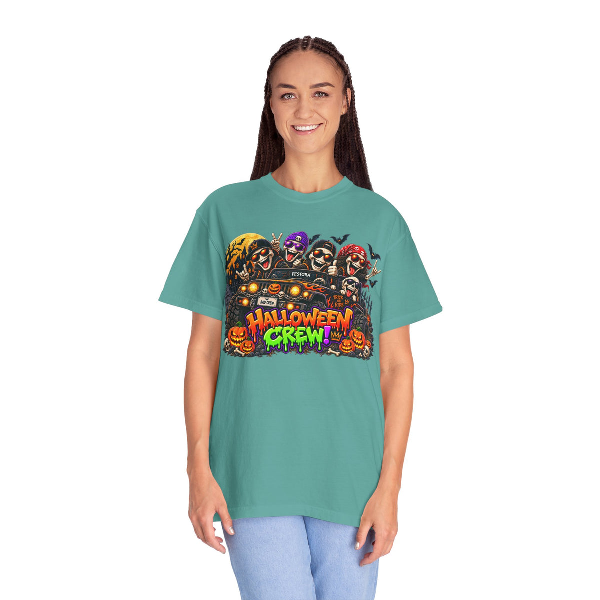 Halloween Crew T-Shirt – Skeleton Jeep Spooky Graphic Tee