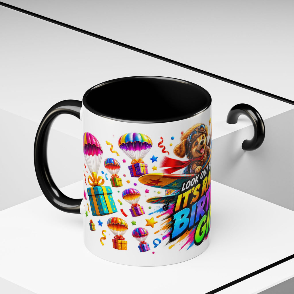 Birthday Gifts Coffee Mug — "It's Raining Birthday Gifts!" Colorful Accent Mug