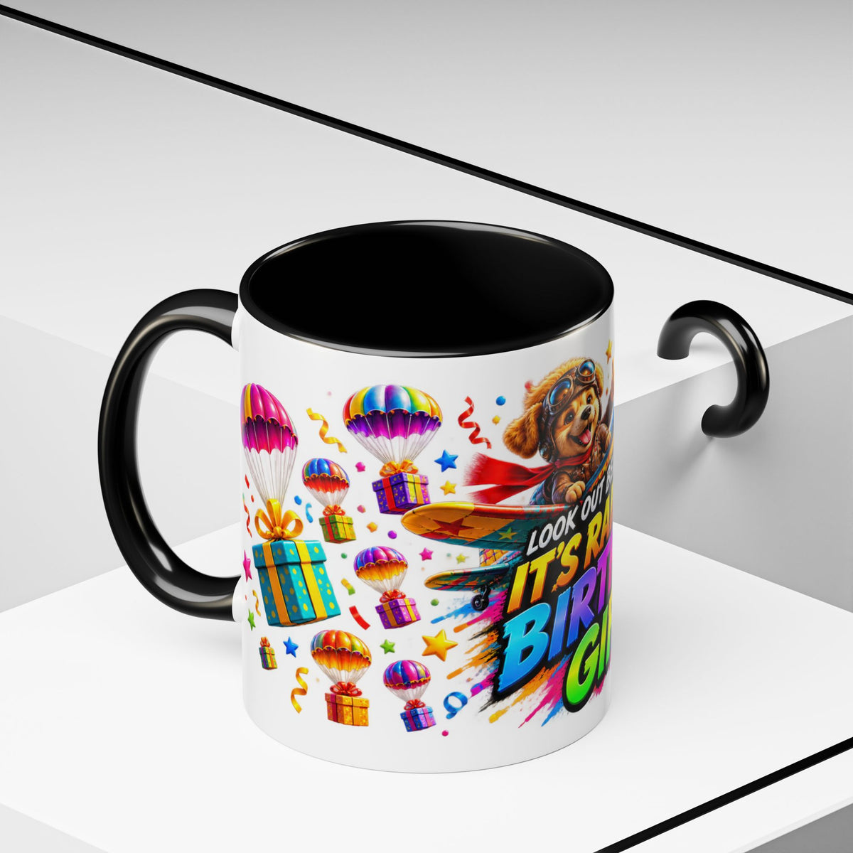 Birthday Gifts Coffee Mug — "It's Raining Birthday Gifts!" Colorful Accent Mug