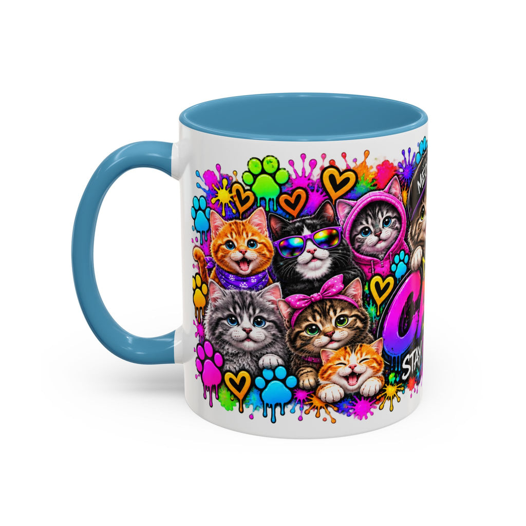 Cats Stay Pawsitive Accent Coffee Mug – Colorful Cute Cat Paw Print Design (11oz)