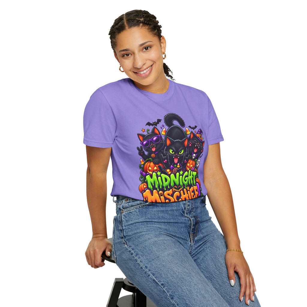 Midnight Mischief Halloween T-Shirt – Funny Black Cat Graphic Tee