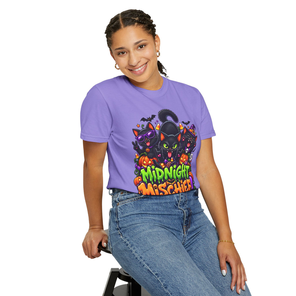 Midnight Mischief Halloween T-Shirt – Funny Black Cat Graphic Tee