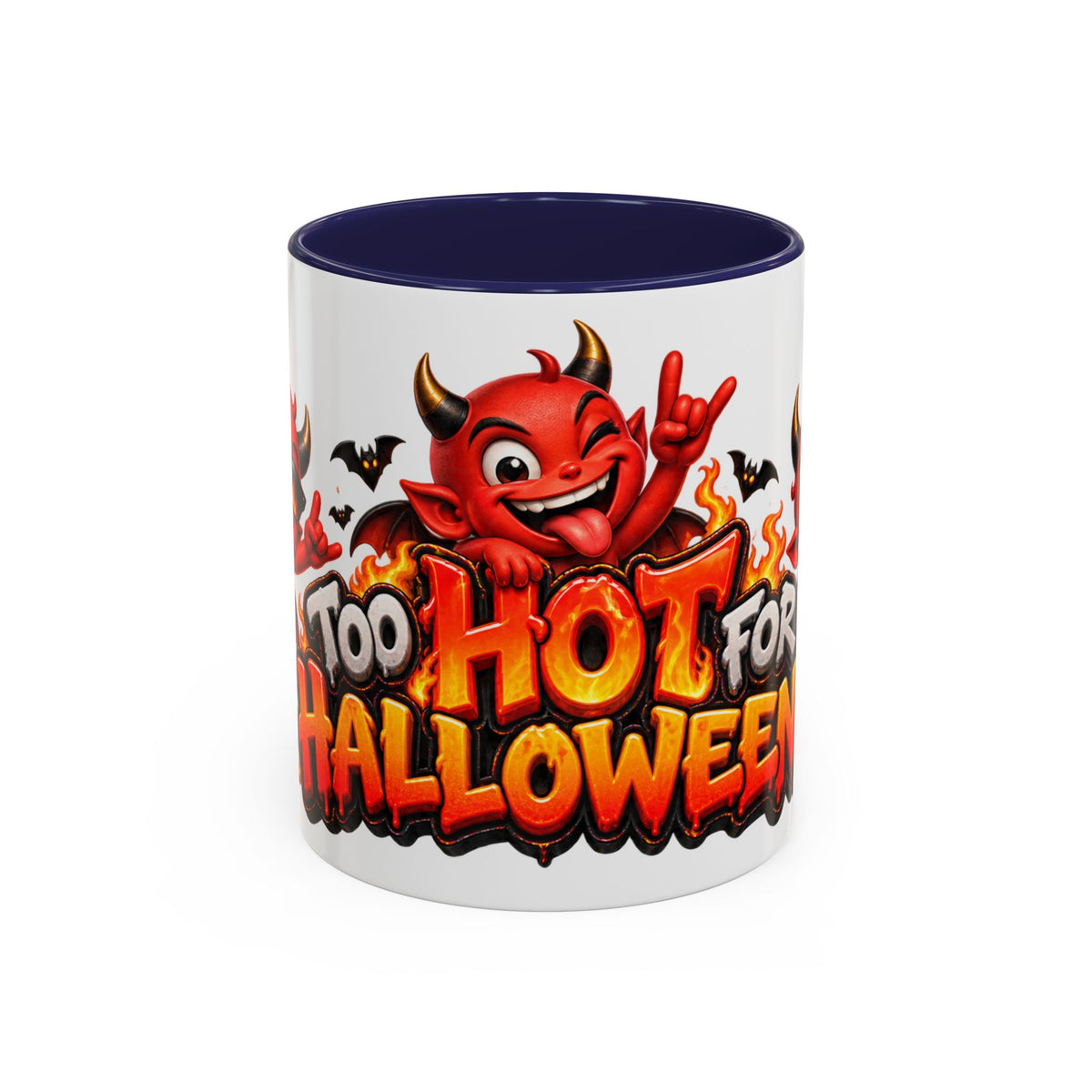 Too Hot for Halloween White Mug – Funny Devils, Flames & Spooky Design