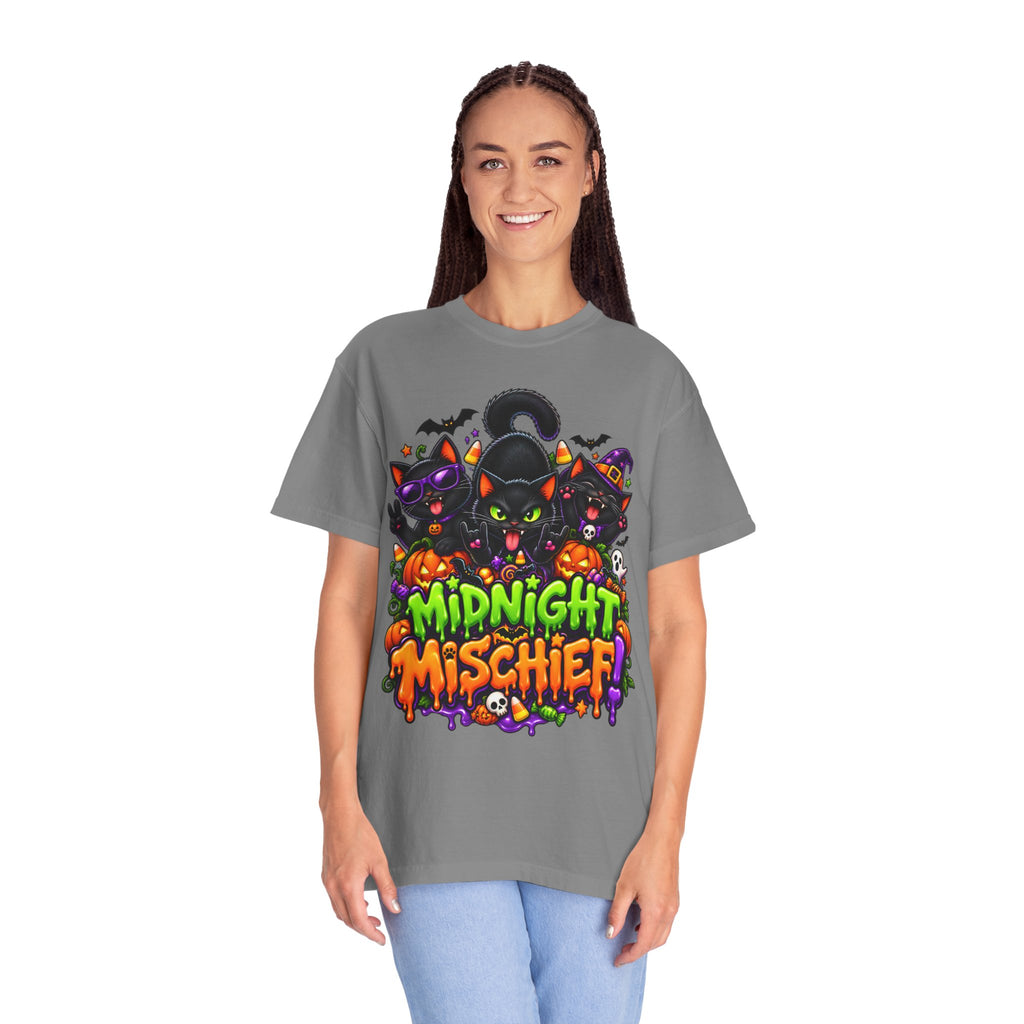 Midnight Mischief Halloween T-Shirt – Funny Black Cat Graphic Tee