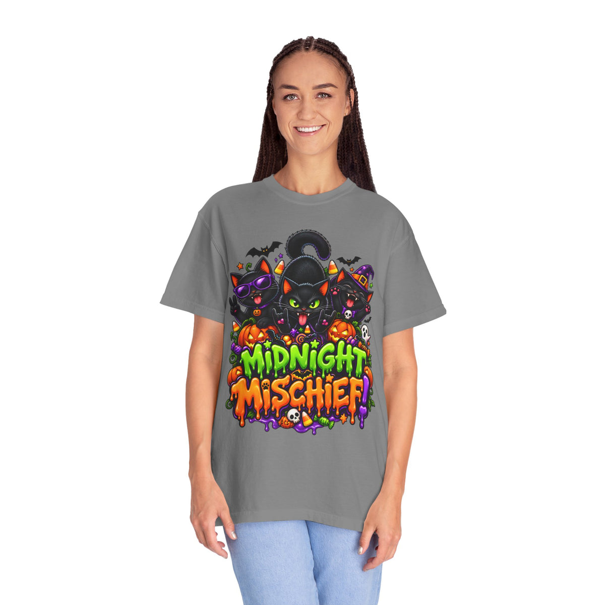 Midnight Mischief Halloween T-Shirt – Funny Black Cat Graphic Tee